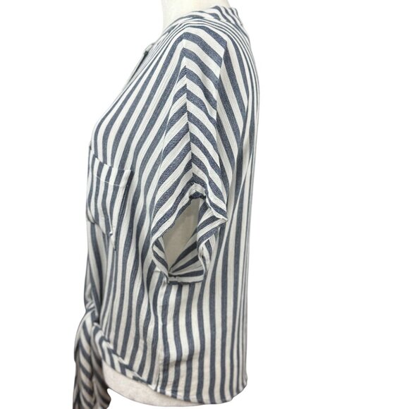 NEW Lulus Womens M Blue White Vertical Stripe Button-Up Tie Front Tunic Top Chic - Picture 4 of 10